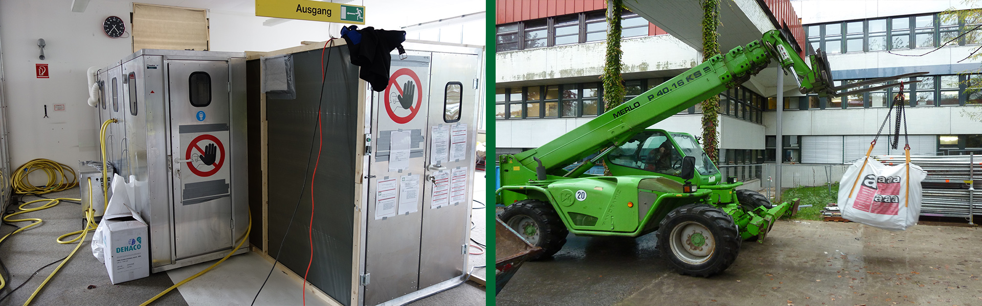4-Kammer Personalschleuse (li) 2-Kammer Materialschleuse (re) / Transport-und Logistikarbeiten mit Teleskopradlader
